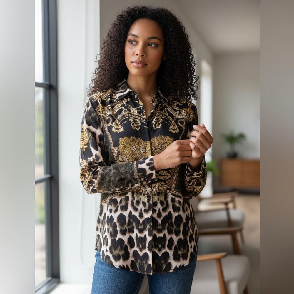 Just Cavalli Woman Black and Gold Silk Leopard Baroque Print Blouse. - Picture 7 of 13